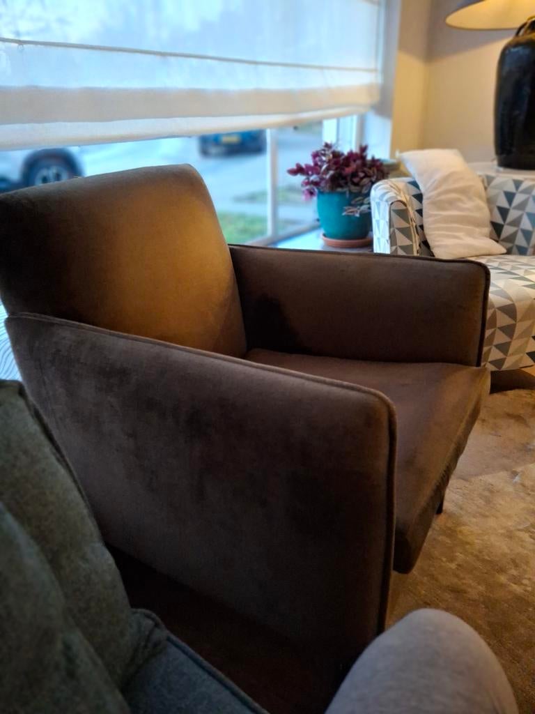 Tijdloze velours fauteuil in bruin/groene tint, Huis en Inrichting, Ophalen, Gebruikt, Minder dan 75 cm, Tijdloos