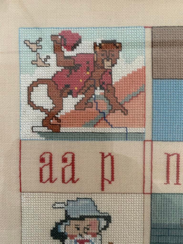 Geborduurde Leesplank Aap Noot Mies - Vintage Wanddecoratie, Hobby en Vrije tijd, Borduren en Borduurmachines, Ophalen, Gebruikt