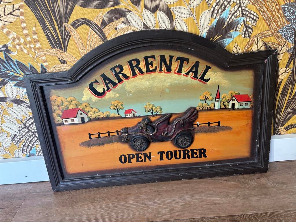 Vintage 'Car Rental Open Tourer' houten wandbord, Ophalen of Verzenden