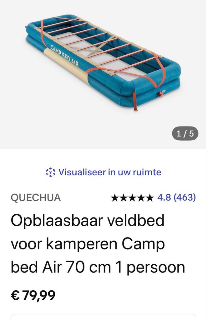 Decathlon Opblaasbaar Veldbed - Camp Bed Air 70 cm 1 Persoon, Caravans en Kamperen, Luchtbedden, Ophalen of Verzenden, Zo goed als nieuw