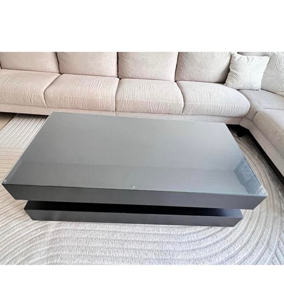 Zwarte MDF salontafel met glasplaat, 140 cm, Ophalen, Gebruikt, 100 tot 150 cm, 50 tot 100 cm
