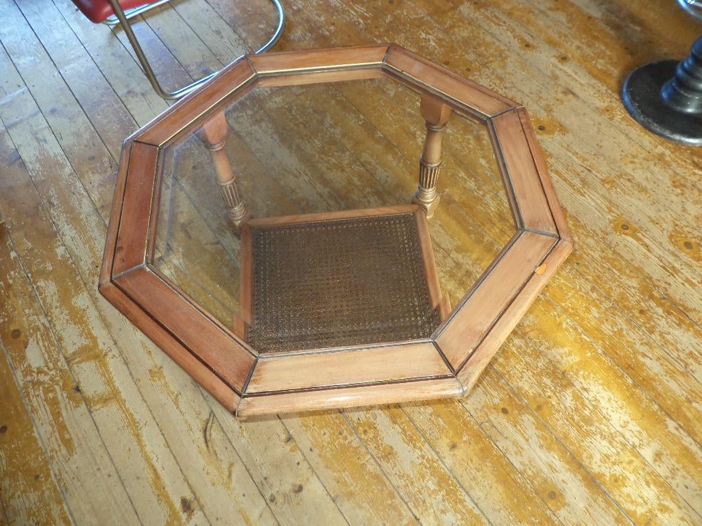 Zeskantige wortelhouten salontafel met geslepen glas, Ophalen