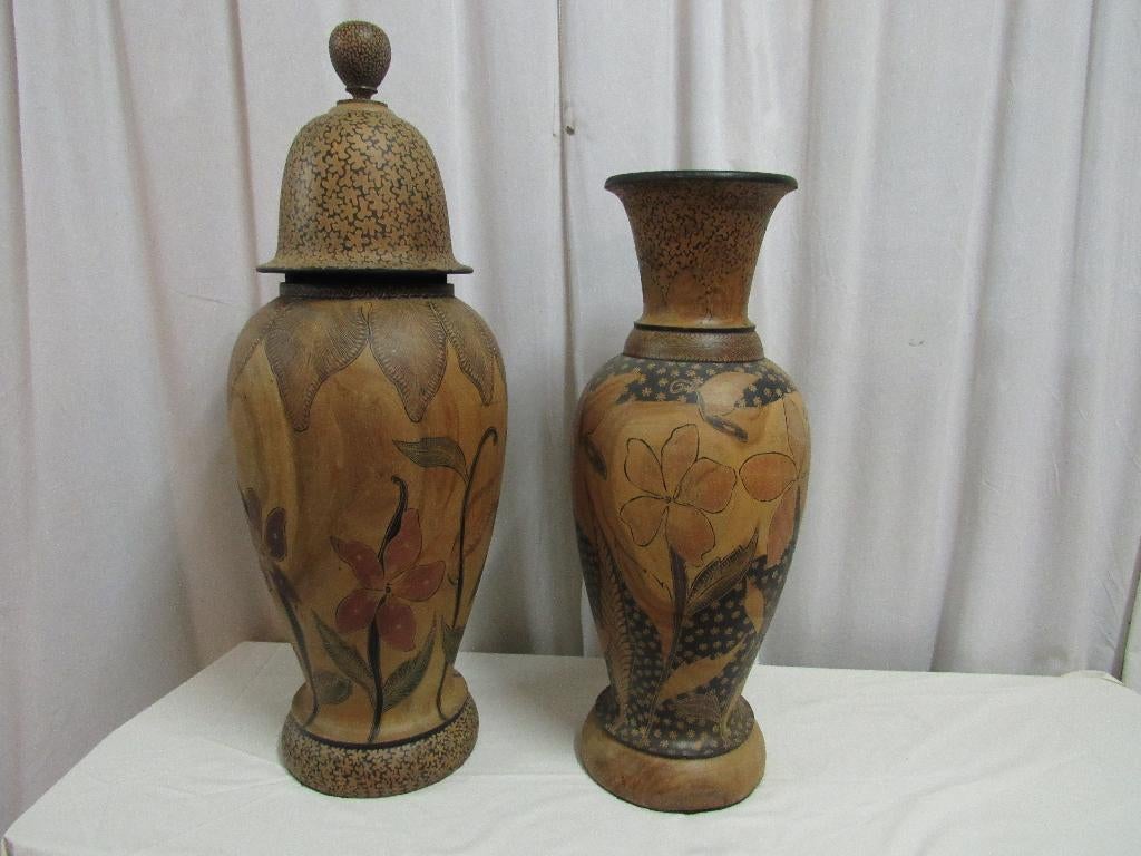 Gedecoreerde houten vazen (73 & 90 cm hoog), Huis en Inrichting, Woonaccessoires | Vazen, Ophalen, Overige materialen, Overige kleuren