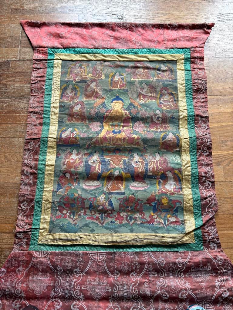 Antieke Tibetaanse Thangka met Boeddha en discipelen, Antiek en Kunst, Ophalen of Verzenden