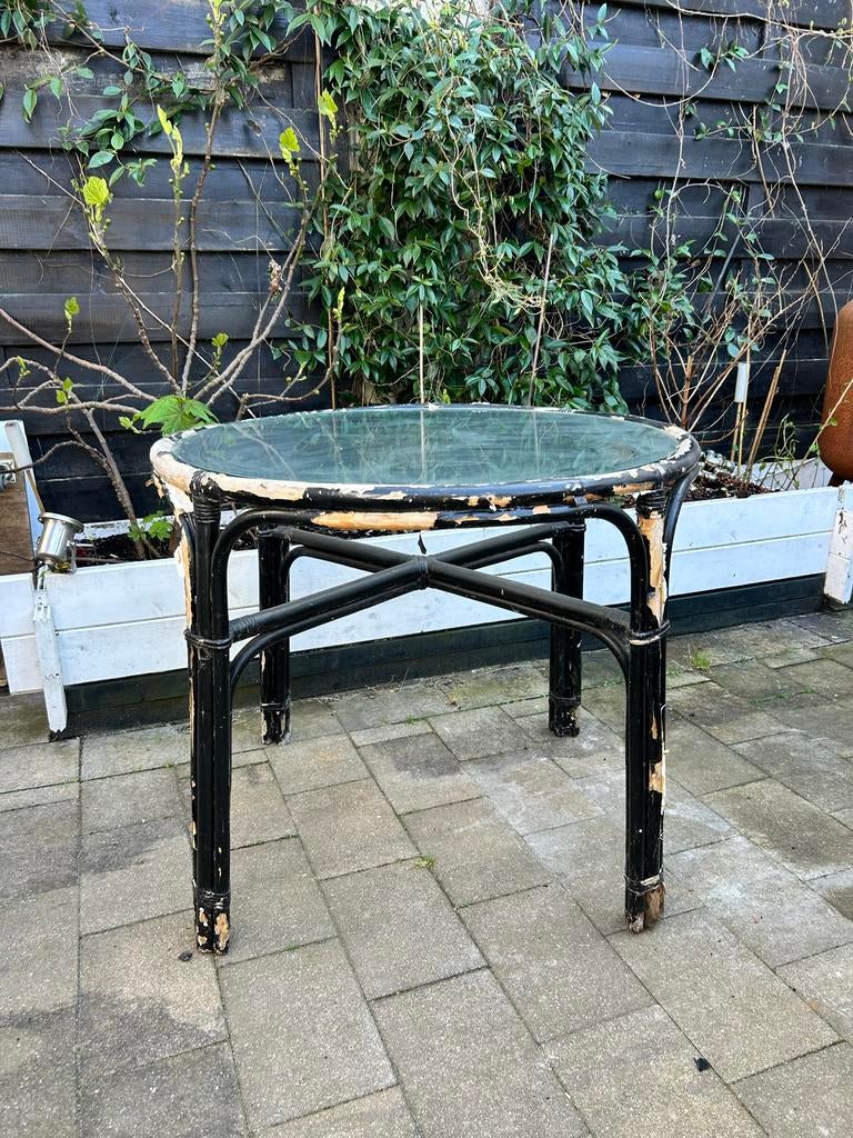 Ronde eettafel hout en glas - opknapper (gratis afhalen), Ophalen, Gebruikt, 100 tot 150 cm, Rond