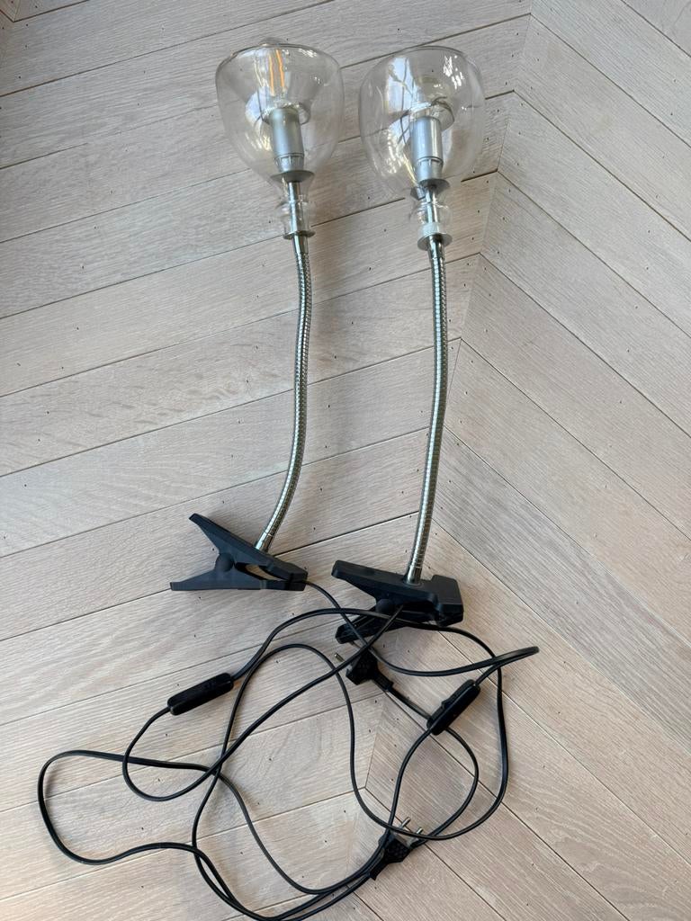 2x transparant glazen ‘knijp’lampen, Gebruikt, Minder dan 30 watt, Gloeilamp, Modern, tijdloos