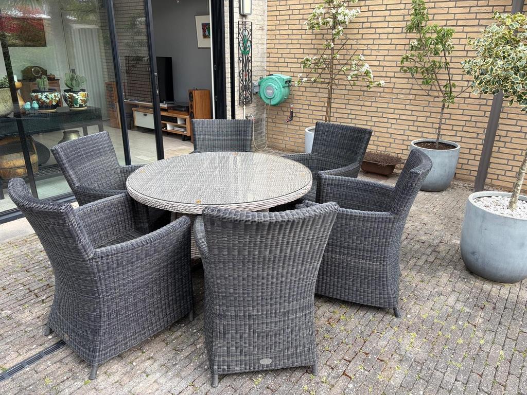 Luxe Wicker Tuinset - Ronde Tafel met 6 Stoelen, Tuin en Terras, Ophalen, Gebruikt, 6 zitplaatsen, Wicker