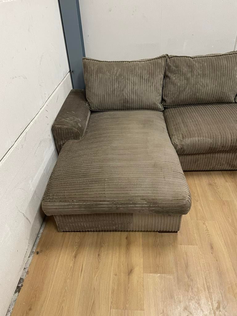 Mooie luxe ribstof beige u bank - GEREINIGD!!!, Huis en Inrichting, Banken | Bankstellen, Ophalen, Luxe, Hoekbank, 300 cm of meer