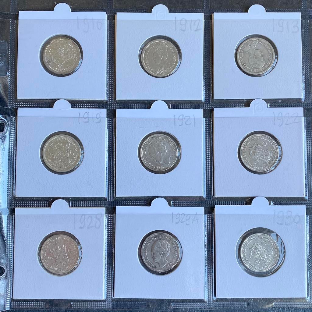Serie met 9 Zilveren halve Guldens 1910 t/m 1930 Wilhelmina, Postzegels en Munten, Munten | Nederland, ½ gulden, Zilver, Koningin Wilhelmina
