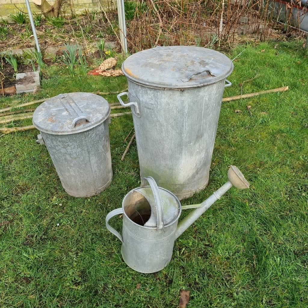 Vintage zinken emmers en gieter - Decoratief set, Ophalen, Gebruikt, Metaal