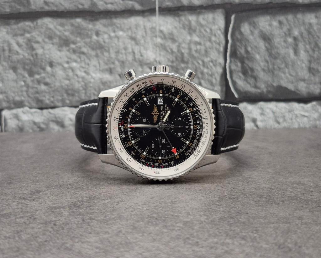 Breitling Navitimer World GMT 46mm, set 2010, Leer, Staal, Breitling, Polshorloge