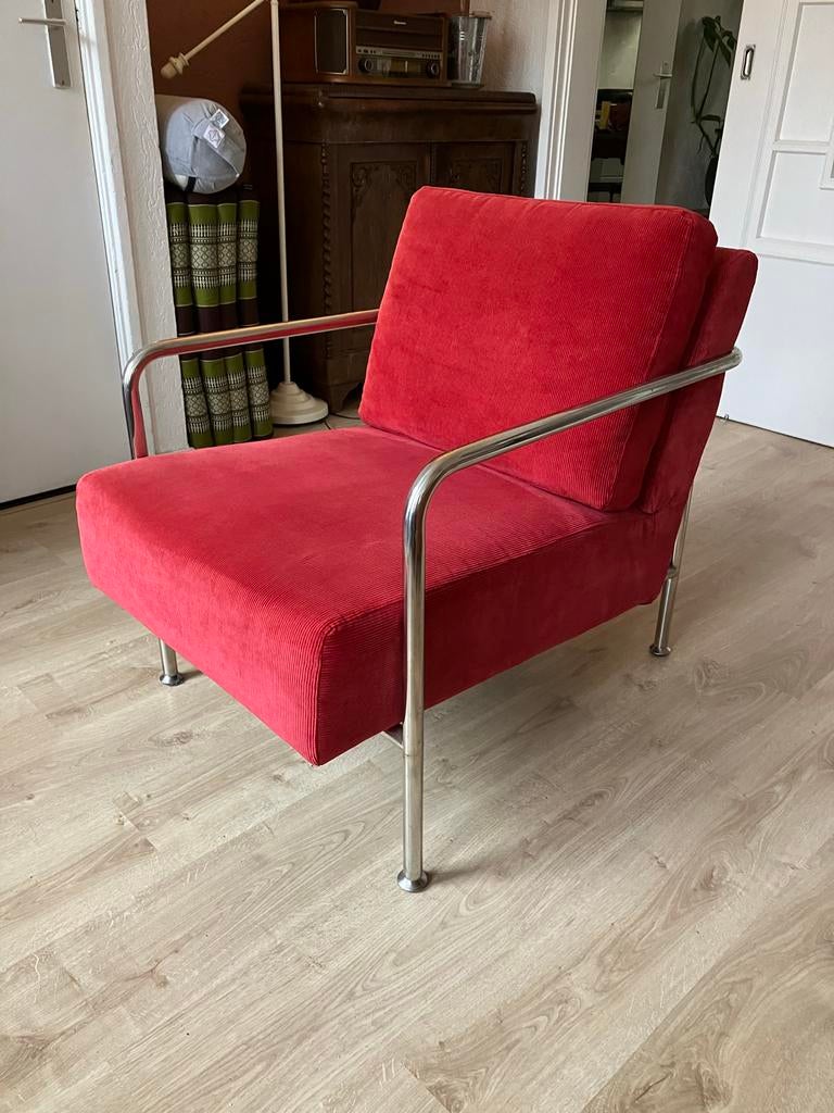 Design fauteuil rode ribstof, Huis en Inrichting, Fauteuils, Ophalen, Gebruikt, 75 tot 100 cm, Stof