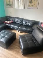 Italiaanse Kalfslederen Lounge Hoekbank met Voetbank & Stoel, Ophalen of Verzenden, Gebruikt, Leer
