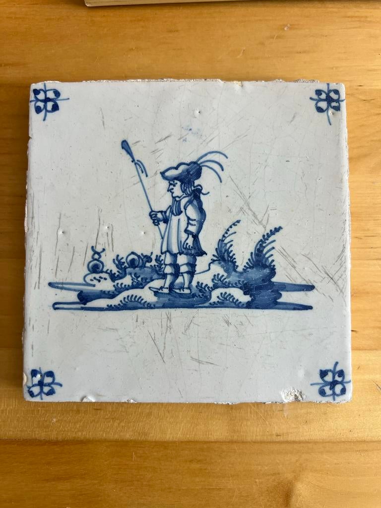 Antieke Delfts Blauwe Tegel met Herder, Ophalen of Verzenden