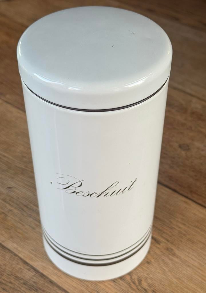 Vintage beschuitbus/beschuitblik van Brabantia - met ‘lift’, Huis en Inrichting, Beige, Gebruikt, Ophalen of Verzenden, Voorraadpot