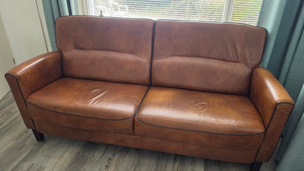 Bruin lederen bankstel met twee stoelen te koop, Ophalen, Gebruikt, 75 tot 100 cm