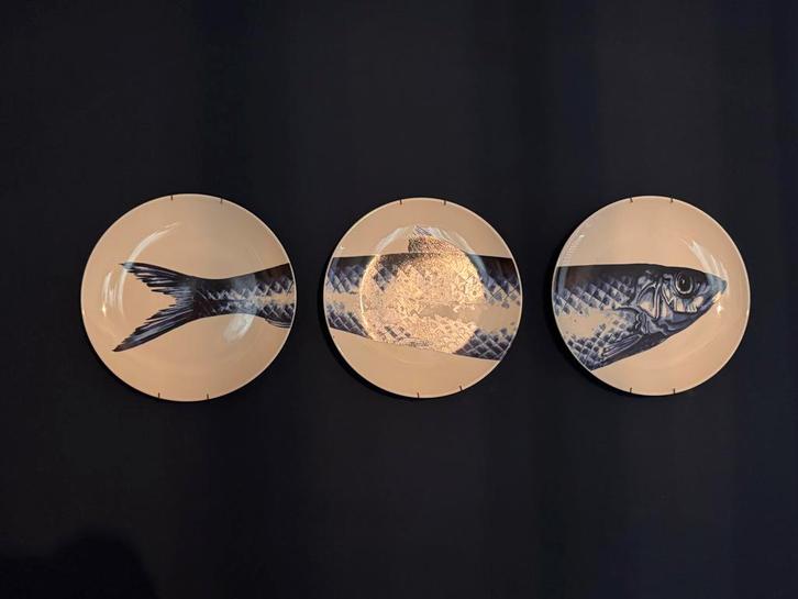 Heinen Delfts Blauw borden set van 3 met vissen en ophangsys, Antiek en Kunst, Antiek | Wandborden en Tegels, Ophalen of Verzenden