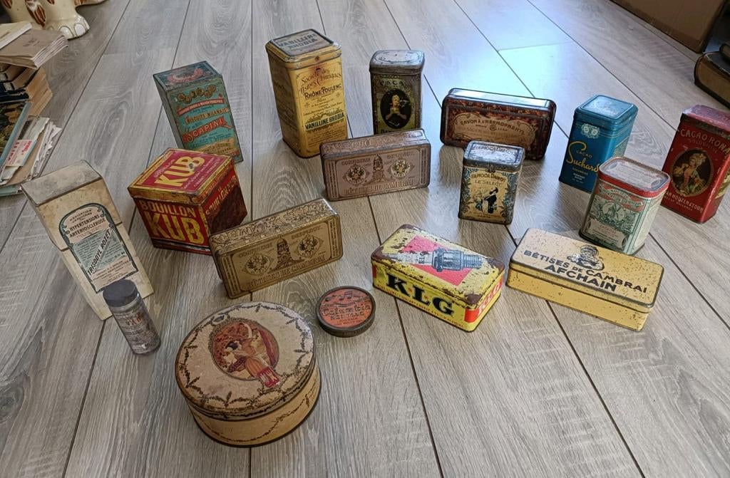 Brocante Franse oude reclame blikken en doosjes, Ophalen of Verzenden