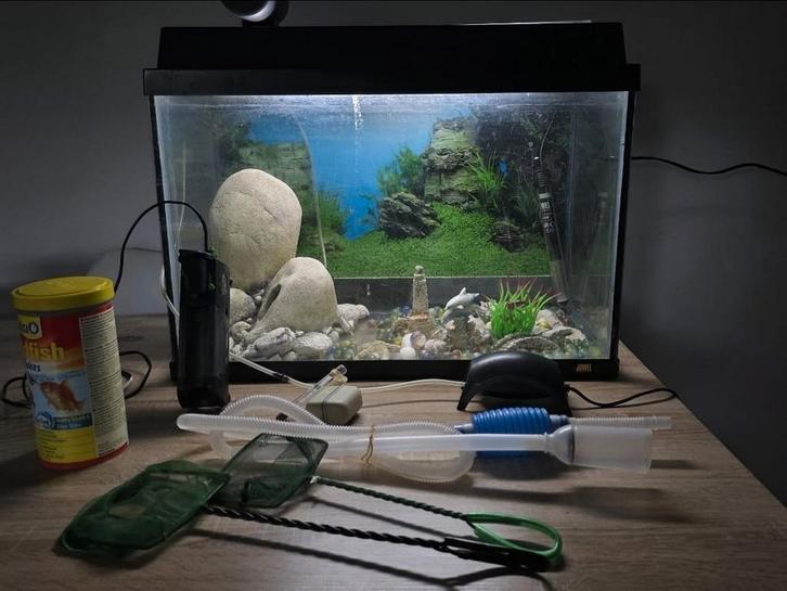 Compleet aquarium met toebehoren + automatische voeder, Dieren en Toebehoren, Vissen | Aquaria en Toebehoren, Zo goed als nieuw