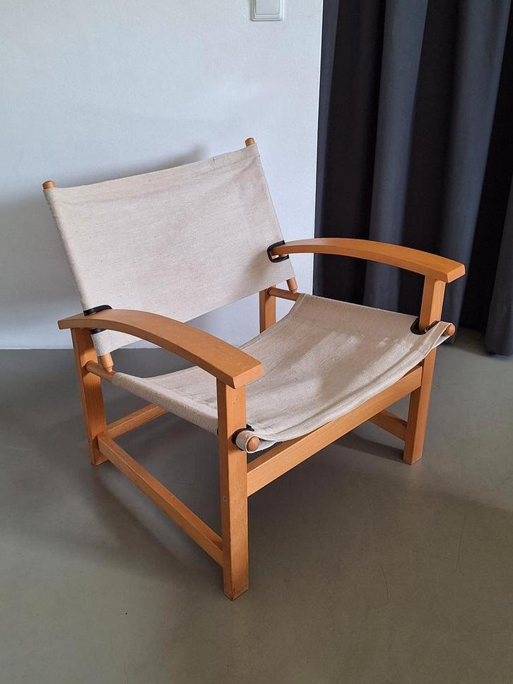 vintage Deens design Hyllinge safari chair houten arm-stoel, Huis en Inrichting, Fauteuils, Gebruikt, Hout, Leer, Metaal, Stof