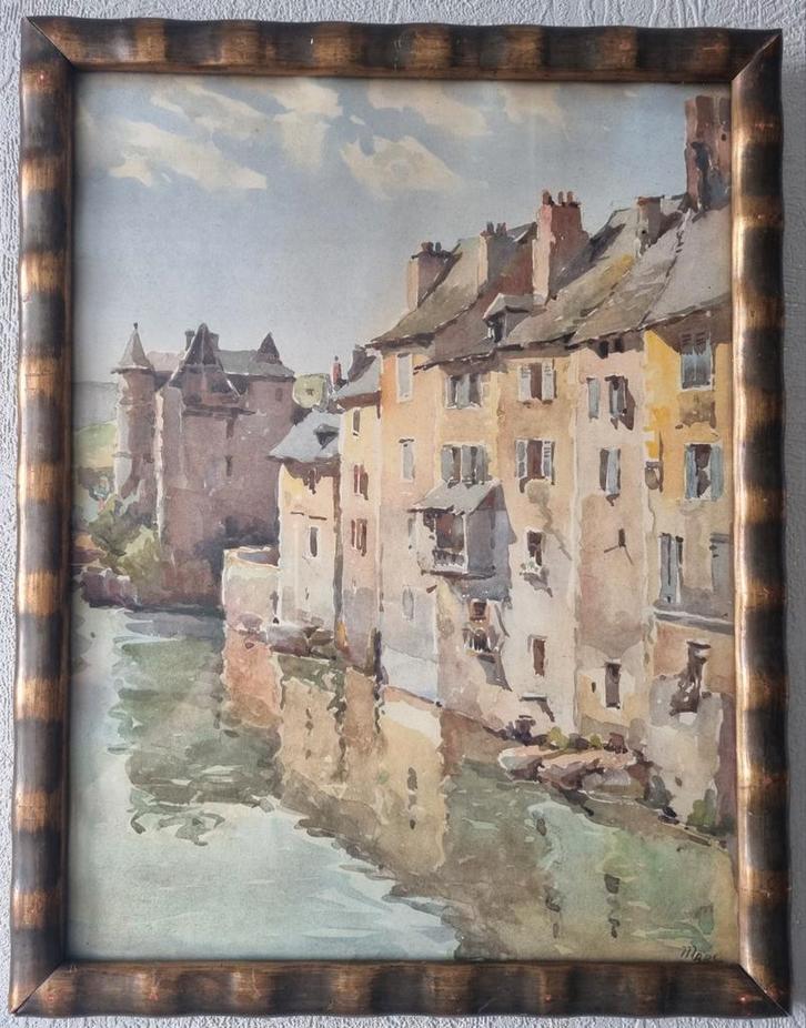 Aquarel Frankrijk kasteel leerlooierijen aan de oever, Antiek en Kunst, Kunst | Schilderijen | Klassiek, Ophalen of Verzenden