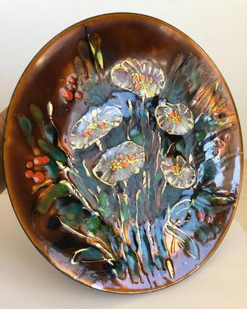 Vintage Schaal Koper Emaille Bloemen Kroatie 30 cm beschikbaar voor biedingen
