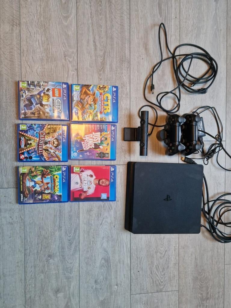 Sony PlayStation 4 (Slim) 500 GB zwart, Ophalen, Met games, Zwart, Met 2 controllers