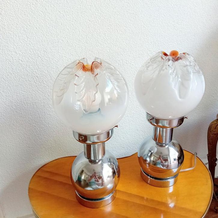 Mazzega, Italiaans design, tafellamp, bedlamp, glas, 2 stuks, Huis en Inrichting, Lampen | Tafellampen, Gebruikt, Minder dan 50 cm