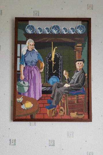 Borduurwerk/schilderij 'Het Binnenhuisje' in lijst beschikbaar voor biedingen