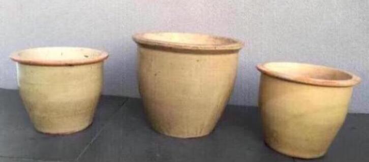 Grote oud Hollandse kwaliteit stenen geglazuurde beige pot, Tuin en Terras, Bloempotten, Zo goed als nieuw, Terracotta, Binnen