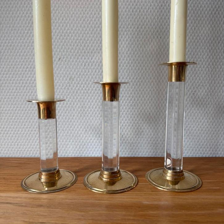 Vintage Messing en Plexiglazen Kandelaren, Koper en Glas, Huis en Inrichting, Woonaccessoires | Kandelaars en Kaarsen, Gebruikt