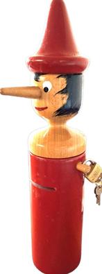 VINTAGE HOUTEN SPAARPOT PINOKKIO HANDMADE ITALIE +/- 30X7CM., Ophalen, Gebruikt, Babypop