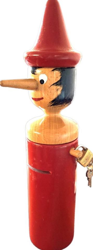VINTAGE HOUTEN SPAARPOT PINOKKIO HANDMADE ITALIE +/- 30X7CM. beschikbaar voor biedingen