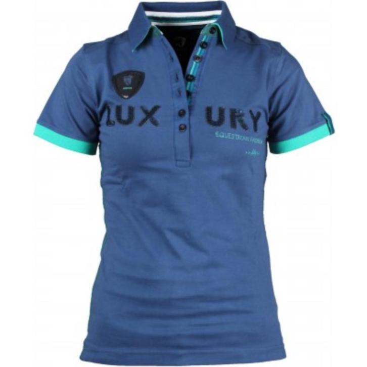 Dark denim, blauw met groene Horka Allegro polo 140 en XS, Dieren en Toebehoren, Paardrijkleding, Nieuw, Dames, Kinderen, Bovenkleding