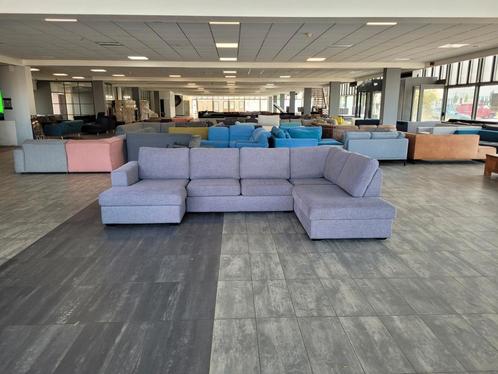 U-bank chaise + lounge grijs met lila 150x345x215 | BEZORGEN, Huis en Inrichting, Banken | Bankstellen, Zo goed als nieuw, Hoekbank