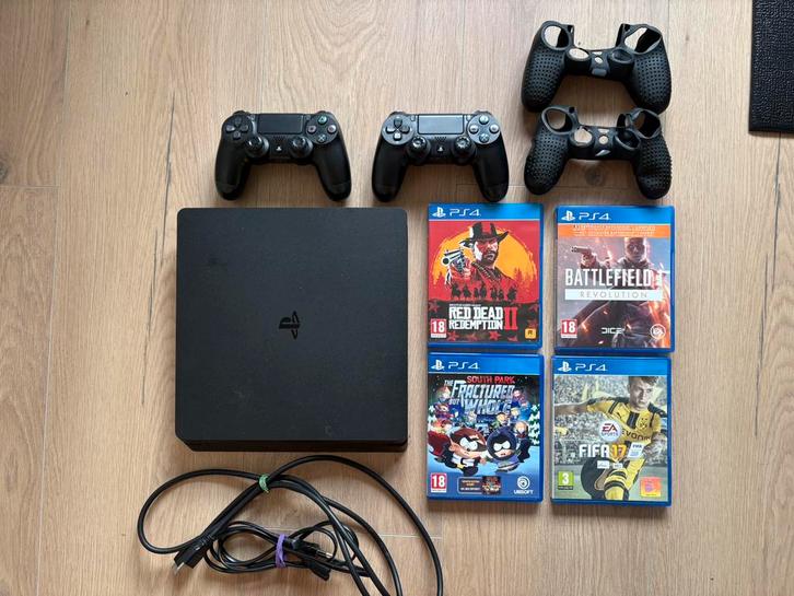 Playstation 4 Slim 500gb + 2 controllers & spellen, Spelcomputers en Games, Spelcomputers | Sony PlayStation 4, Gebruikt, Slim