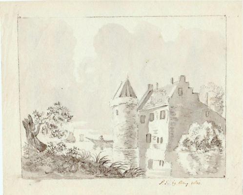 aquarel kasteel met slotgracht en roeiboot monogram P.E 1810, Antiek en Kunst, Kunst | Schilderijen | Klassiek, Verzenden
