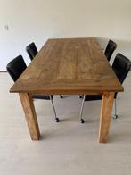 Tafel teakhout met 4 leren stoelen, Teakhout, 200 cm of meer, Zo goed als nieuw, Vijf personen of meer