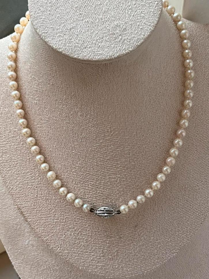 Antiek echt Parel collier gouden slot diamant, Sieraden, Tassen en Uiterlijk, Kettingen, Zo goed als nieuw, Goud, Zilver, Met edelsteen