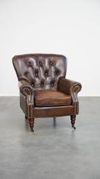 Cognac kleurige bruin rundleren chesterfield fauteuil, Huis en Inrichting, Fauteuils, Ophalen, Gebruikt, ., Klassiek