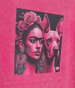 dames t-shirt roze gewassen katoen, kunst, FRIDA Kahlo  hond, Kleding | Dames, Maat 38/40 (M), Nieuw, Ophalen of Verzenden, Onbekend