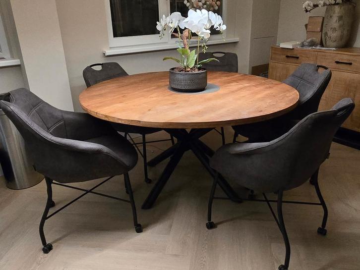 Complete set mangohouten eettafel 6 stoelen & lamp te koop!, Huis en Inrichting, Tafels | Eettafels, Gebruikt, 100 tot 150 cm