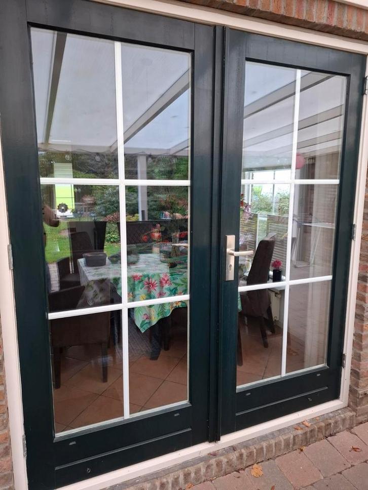 Merbau Tuindeuren met glas, Doe-het-zelf en Verbouw, Deuren en Horren, Gebruikt, Buitendeur, 200 tot 215 cm, 120 cm of meer, Glas
