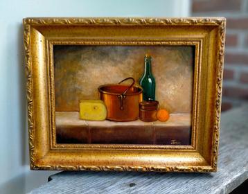 Stilleven Paneel Schilderij in Goud Kleurig Houten Lijst beschikbaar voor biedingen