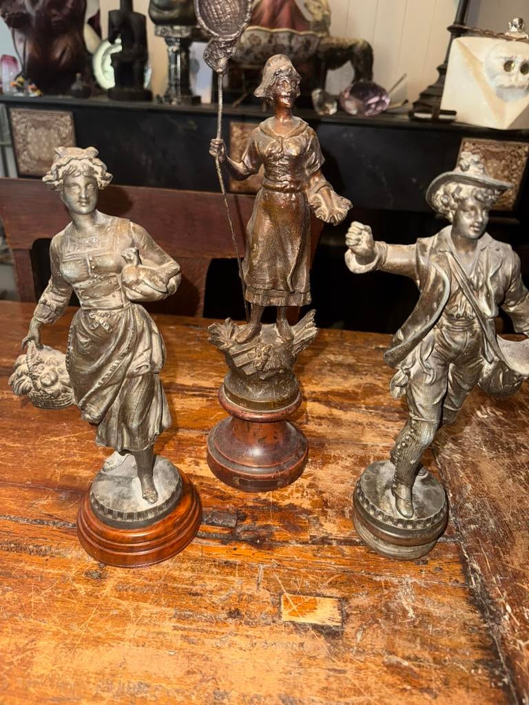 3 leuke antieke beelden ( metaal , zamac ), Antiek en Kunst, Ophalen of Verzenden