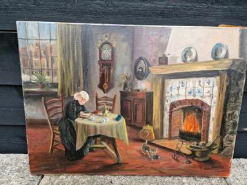 Schilderij Fries boeren interieur met Friese staartklok beschikbaar voor biedingen