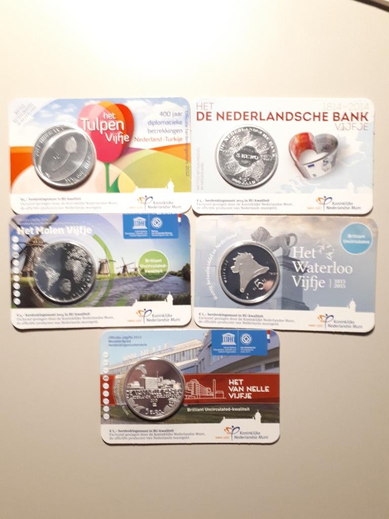 5x coincard KNM: Herdenkingsmunt 5 Euro o.a. Tulpen (BU), Postzegels en Munten, Munten | Europa | Euromunten, Verzenden, Overige landen