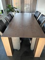 Moderne eiken leemkleur eetkamertafel met 6 leren stoelen, Ophalen, Gebruikt, Eikenhout, 50 tot 100 cm