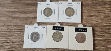 Zilveren halve guldens wilhelmina compleet 1921/22/28/29/30 beschikbaar voor biedingen