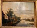 Landschap met rivier en huizen, gesigneerd, Antiek en Kunst, Kunst | Schilderijen | Klassiek, Ophalen
